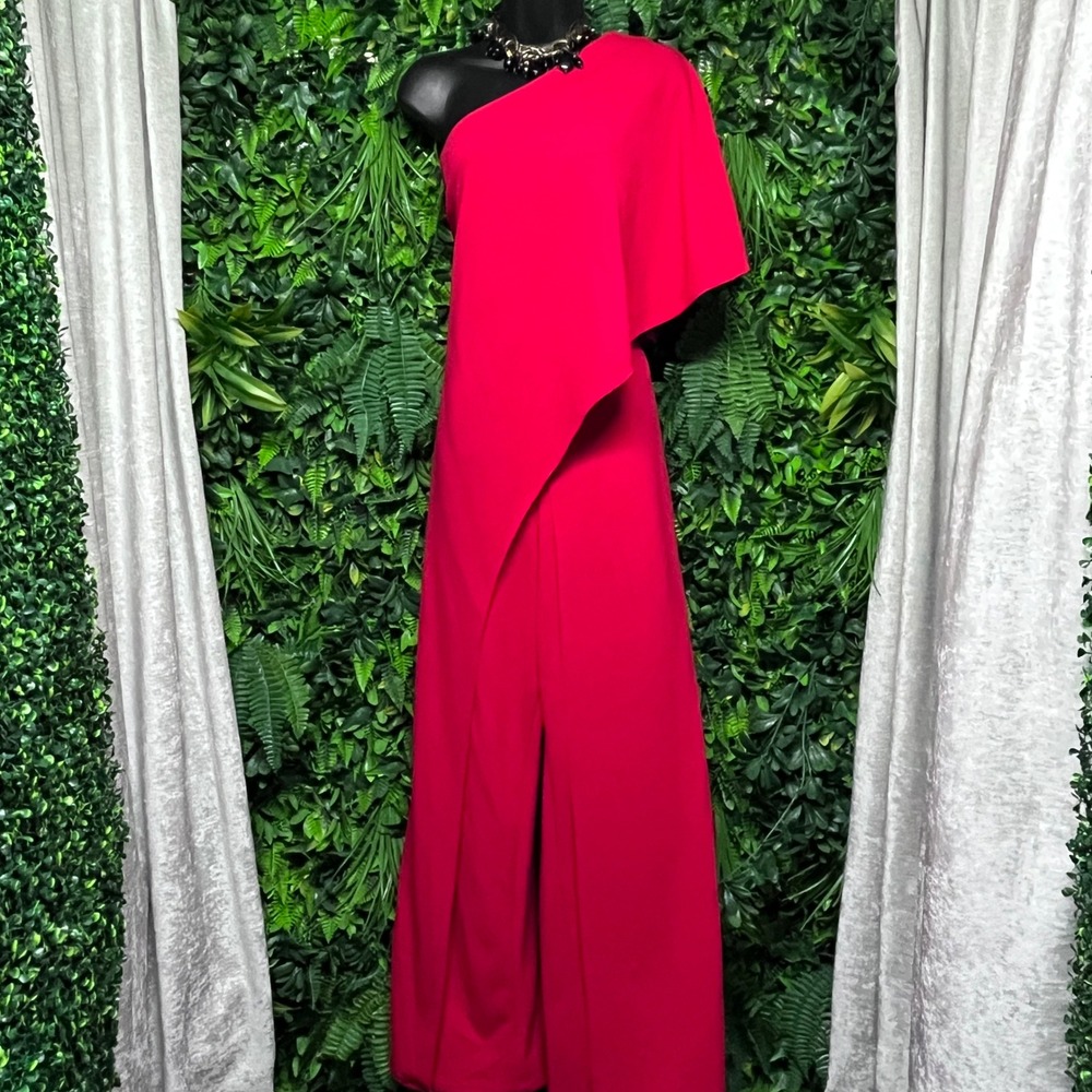 Adrianna Papell Pants Jumpsuit 10 Red One Shoulder Cape‎ Overlay Wide Leg 3851 - Picture 2 of 8